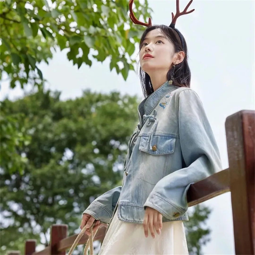 Women's Denim Jacket Vintage Embroidered Short Outerwear Stand Collar Long Sleeve Denim Coat