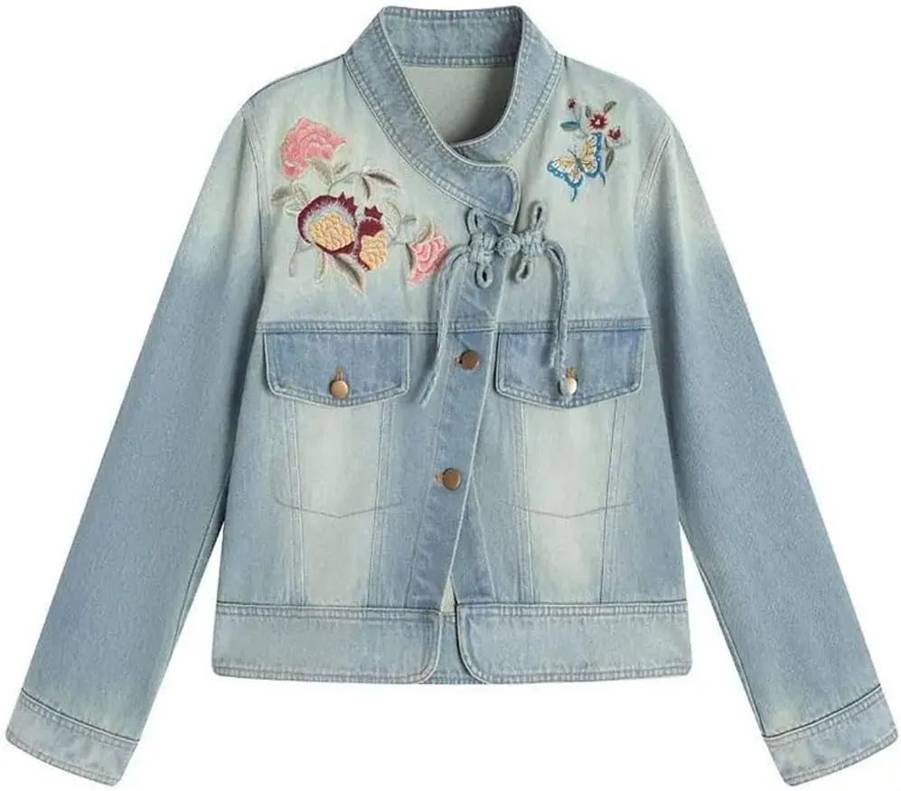 Women's Denim Jacket Vintage Embroidered Short Outerwear Stand Collar Long Sleeve Denim Coat