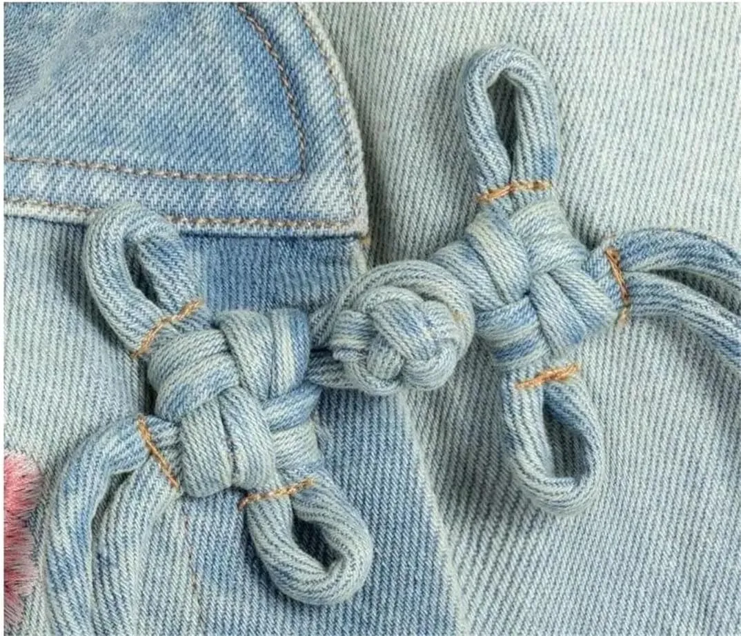 Women's Denim Jacket Vintage Embroidered Short Outerwear Stand Collar Long Sleeve Denim Coat