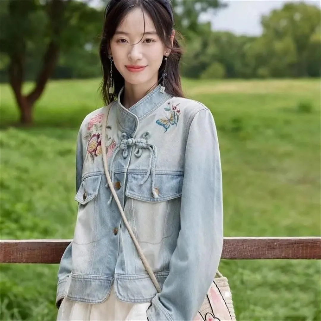 Women's Denim Jacket Vintage Embroidered Short Outerwear Stand Collar Long Sleeve Denim Coat