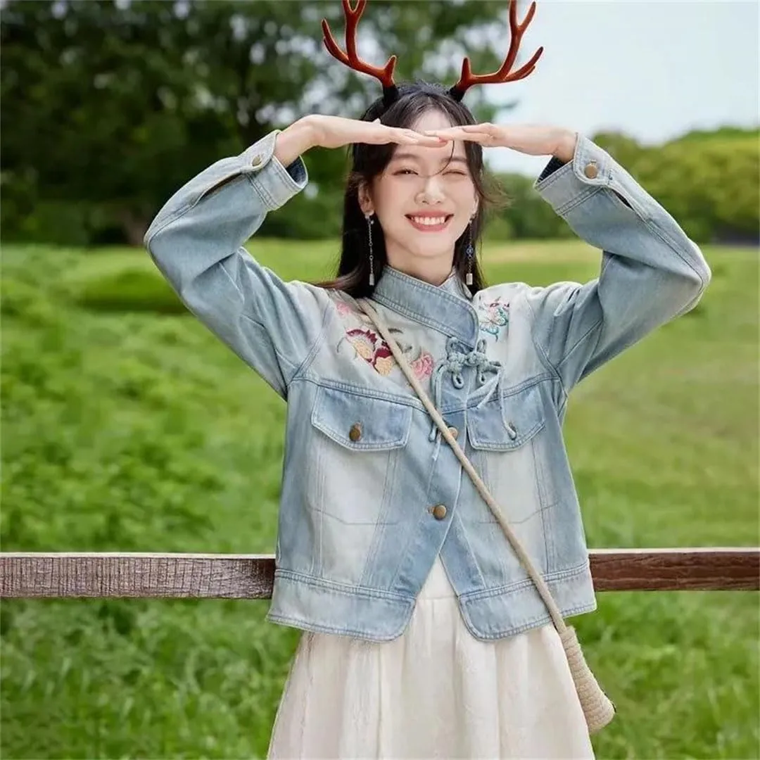Women's Denim Jacket Vintage Embroidered Short Outerwear Stand Collar Long Sleeve Denim Coat