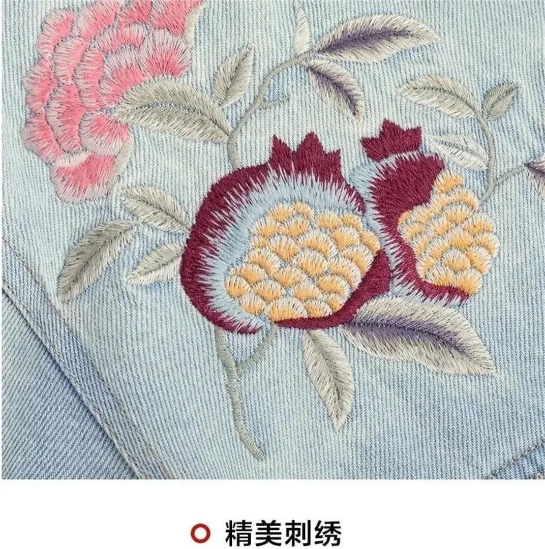 Women's Denim Jacket Vintage Embroidered Short Outerwear Stand Collar Long Sleeve Denim Coat