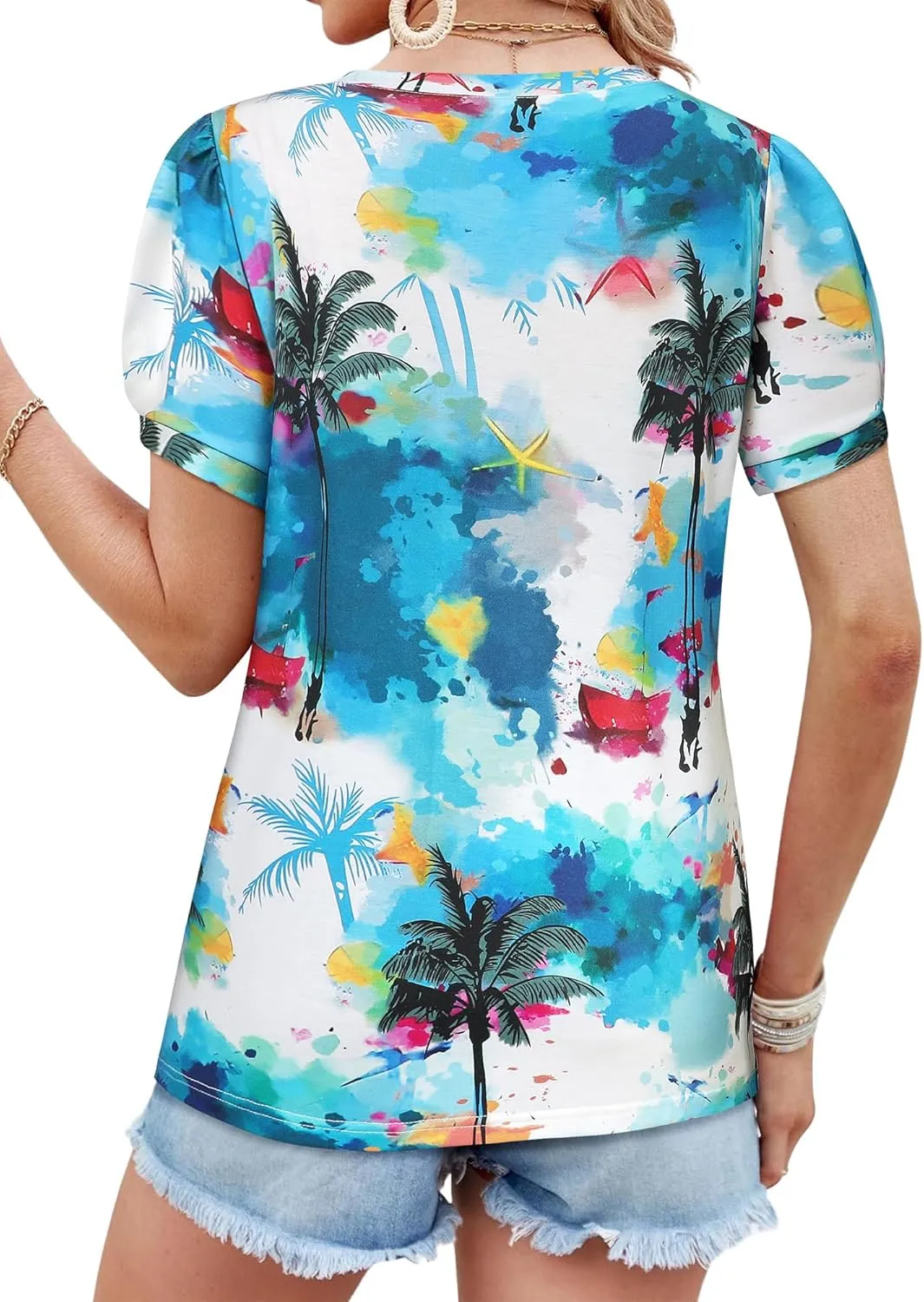 Womens Puff Short Sleeve Hawaiian Shirts Floral Tropic Printed Pleated V Neck Summer Casual T-Shirt Trendy Boho Blouses Tops