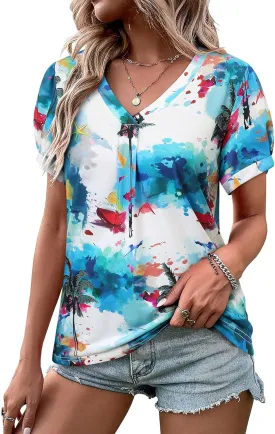 Womens Puff Short Sleeve Hawaiian Shirts Floral Tropic Printed Pleated V Neck Summer Casual T-Shirt Trendy Boho Blouses Tops