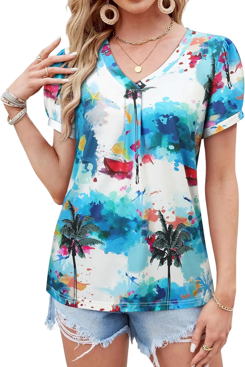 Womens Puff Short Sleeve Hawaiian Shirts Floral Tropic Printed Pleated V Neck Summer Casual T-Shirt Trendy Boho Blouses Tops