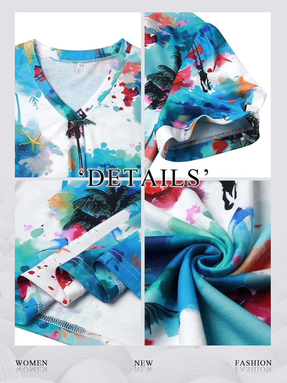 Womens Puff Short Sleeve Hawaiian Shirts Floral Tropic Printed Pleated V Neck Summer Casual T-Shirt Trendy Boho Blouses Tops