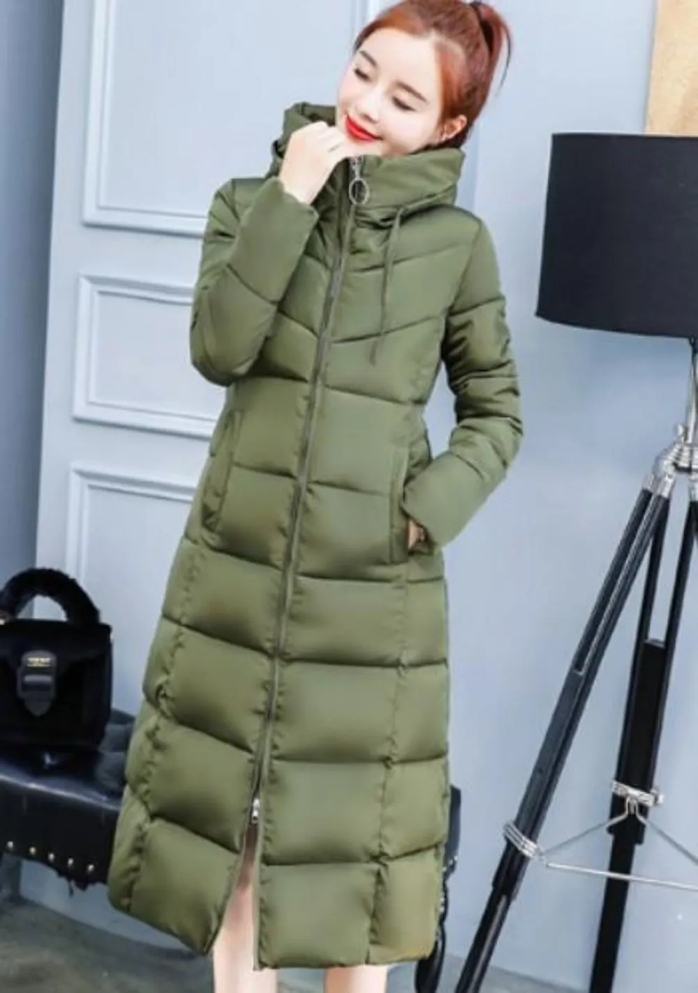 Womens Puffer Hooded Long Coat in Army Green