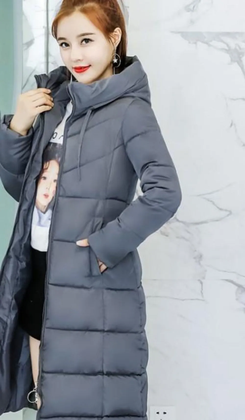 Womens Puffer Hooded Long Coat in Army Green