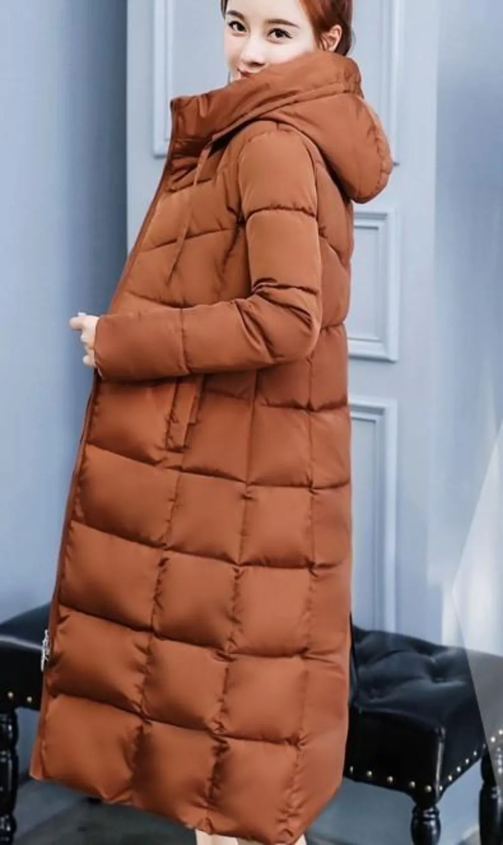Womens Puffer Hooded Long Coat in Army Green