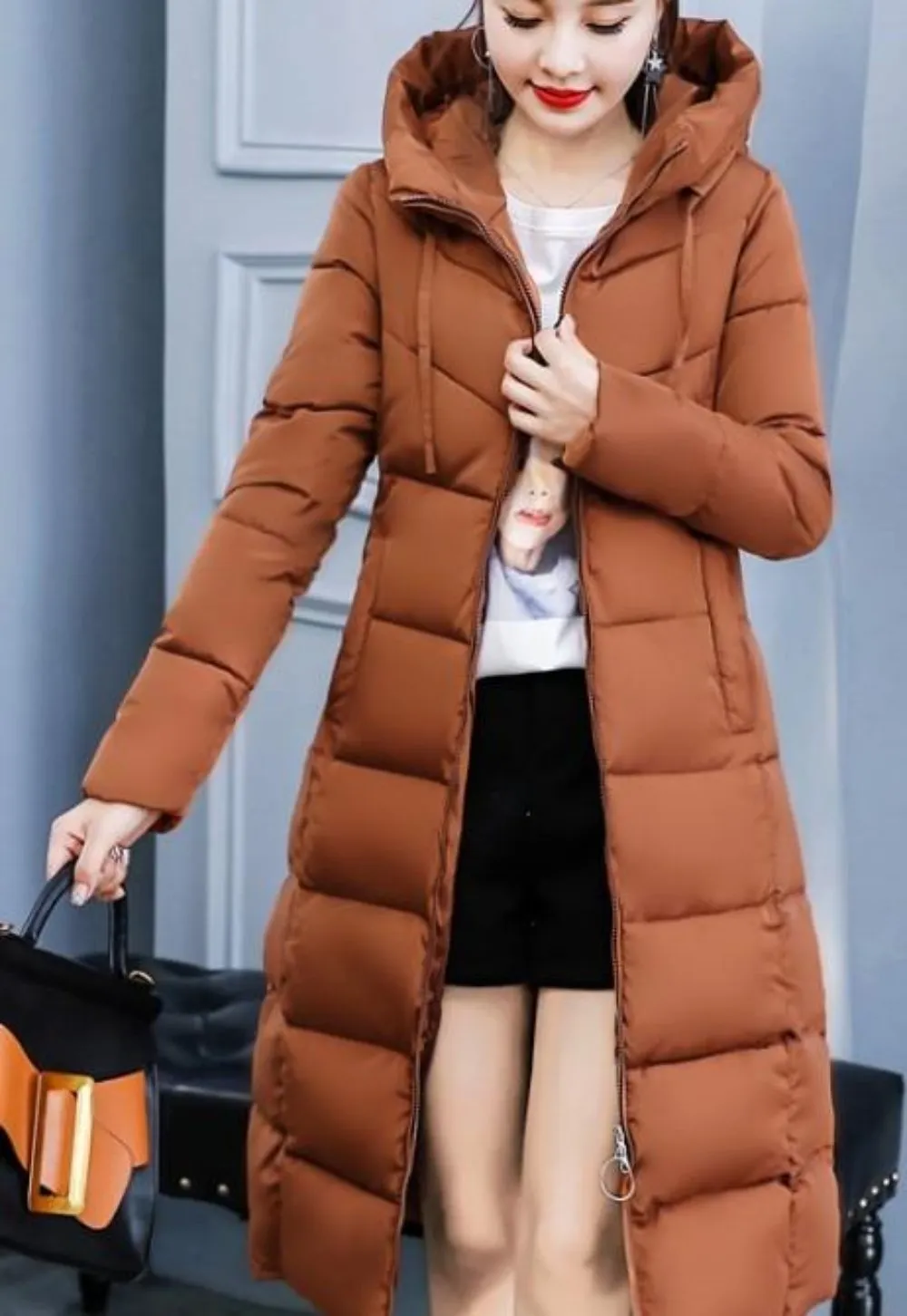 Womens Puffer Hooded Long Coat in Army Green