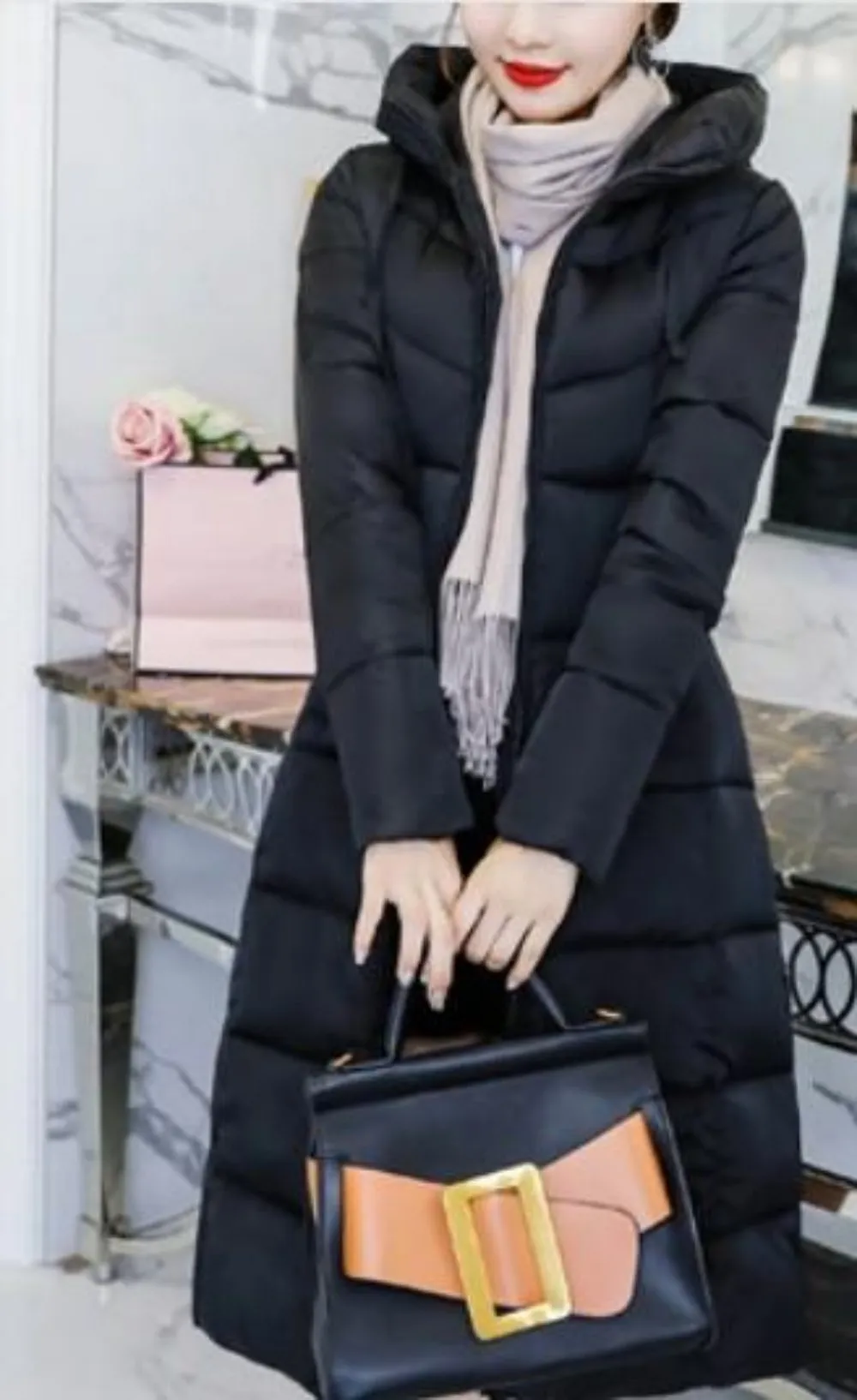 Womens Puffer Hooded Long Coat in Army Green