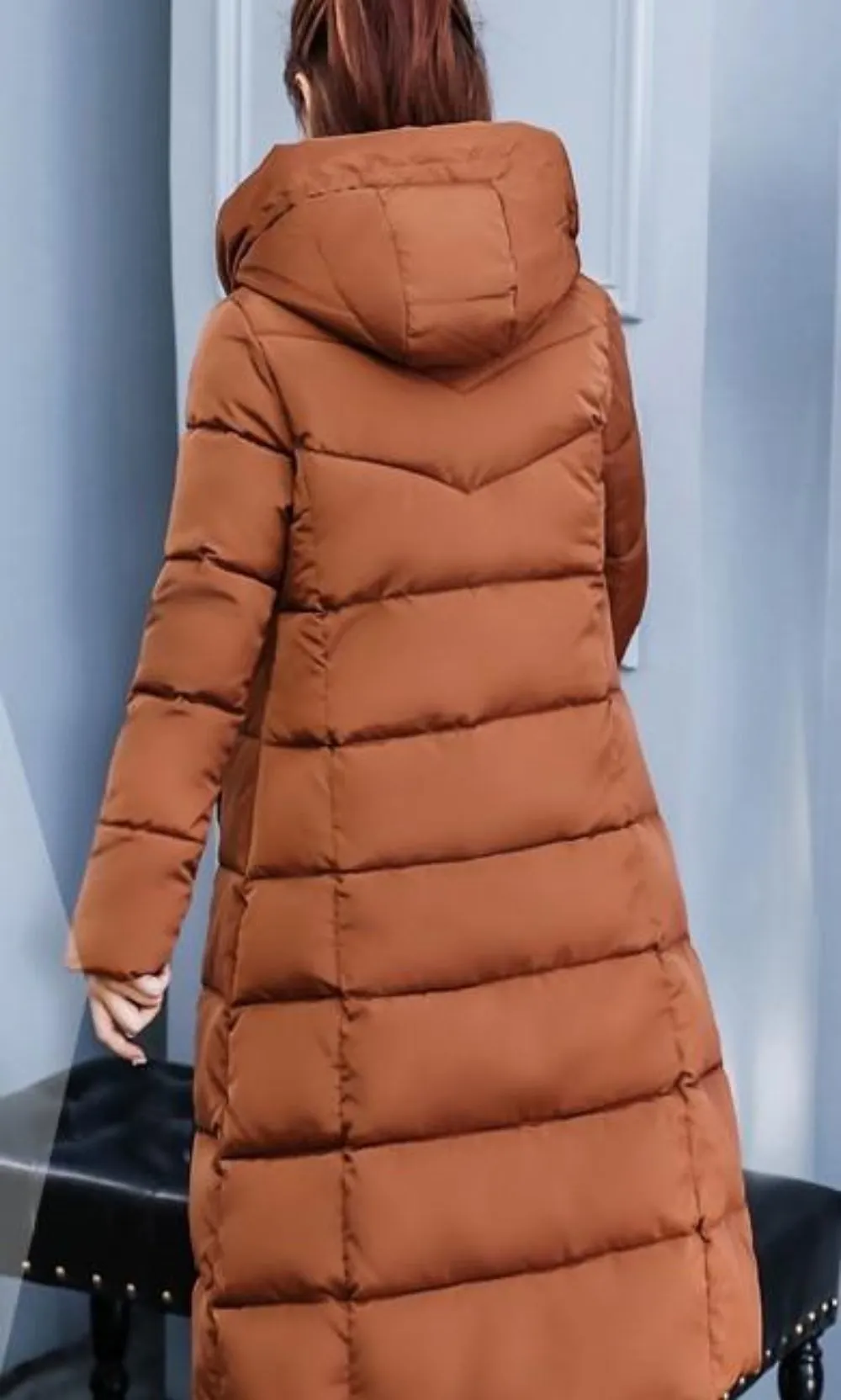 Womens Puffer Hooded Long Coat in Army Green