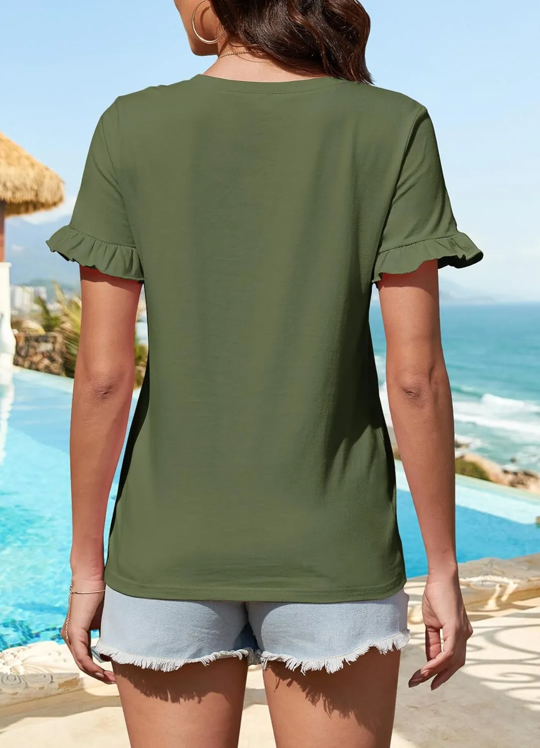 Women's Summer T-Shirts Cute Short Sleeve Tops Ruffle Basic Tees Shirts Casual Blouses