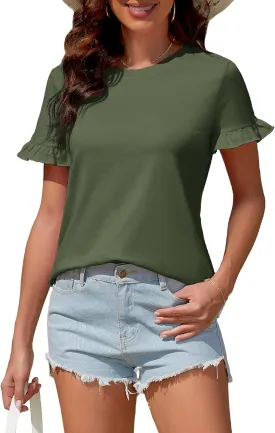 Women's Summer T-Shirts Cute Short Sleeve Tops Ruffle Basic Tees Shirts Casual Blouses
