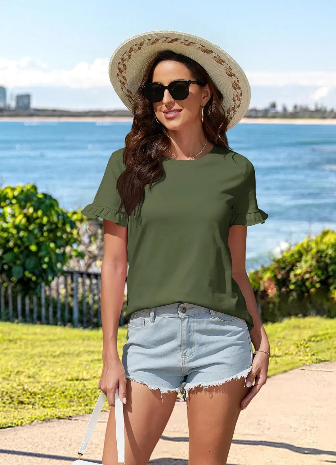 Women's Summer T-Shirts Cute Short Sleeve Tops Ruffle Basic Tees Shirts Casual Blouses