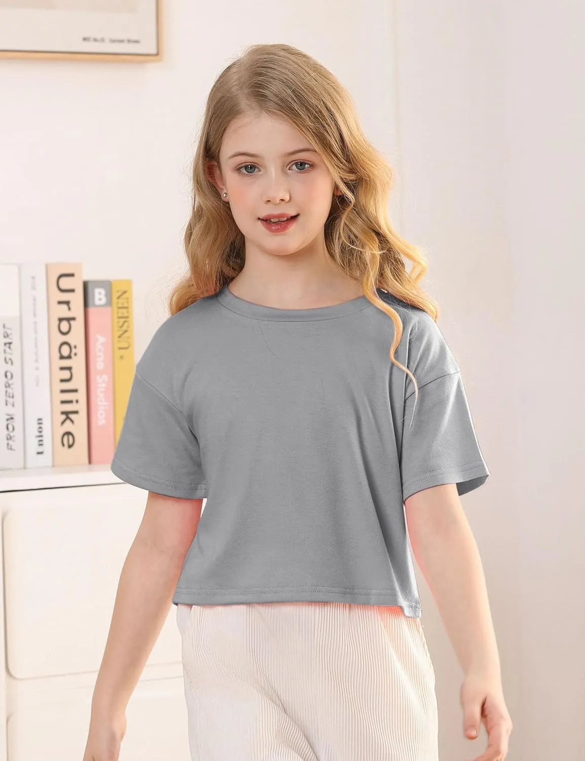 Yuccalley Girls Summer Round Neck Short Sleeve Crop Tees Casual Loose Fit Tees