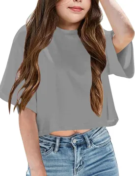 Yuccalley Girls Summer Round Neck Short Sleeve Crop Tees Casual Loose Fit Tees