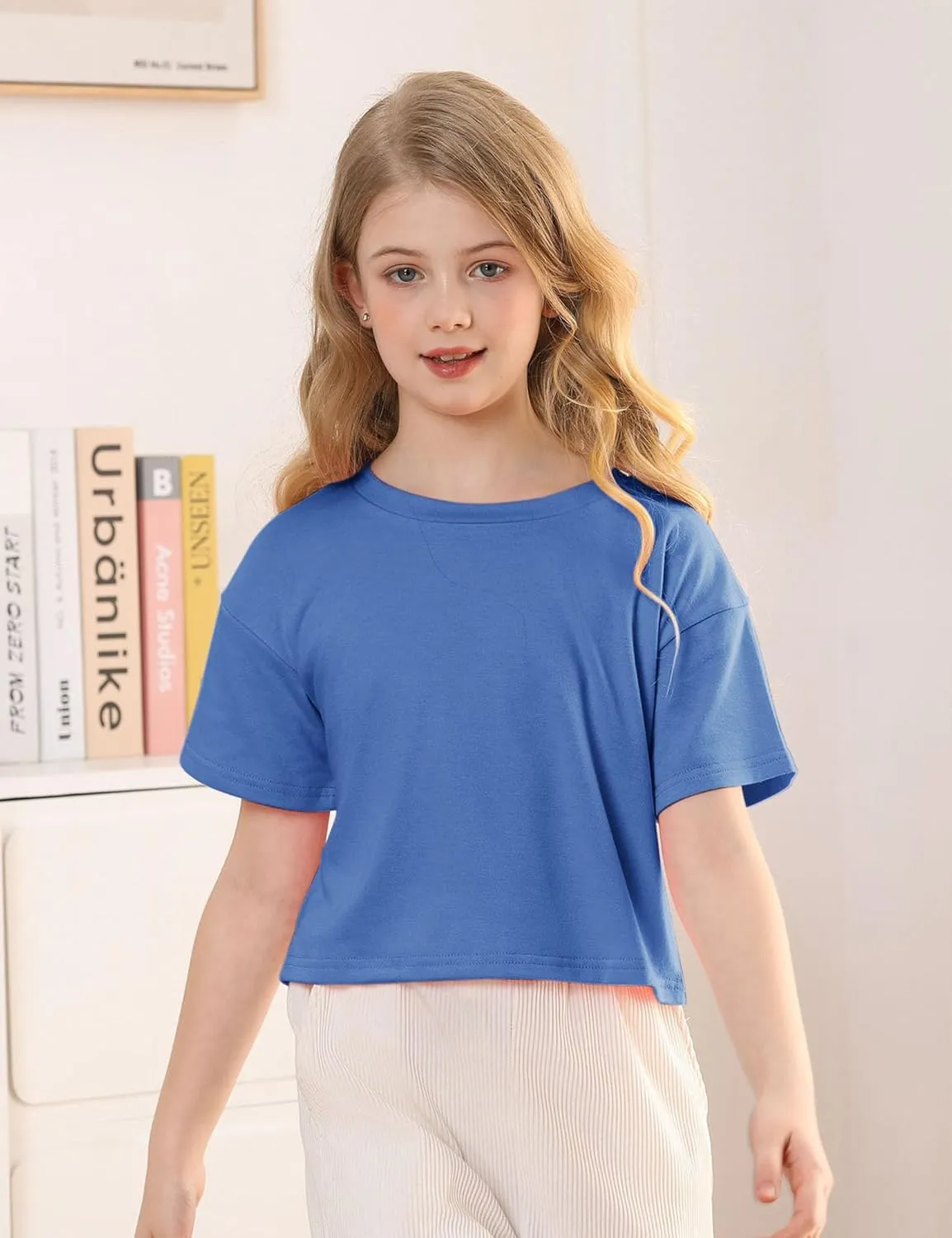Yuccalley Girls Summer Round Neck Short Sleeve Crop Tees Casual Loose Fit Tees