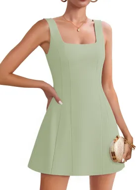 ZESICA Women's 2025 Summer Sleeveless Tank Mini Dresses Square Neck A Line Flare Party Short Dress