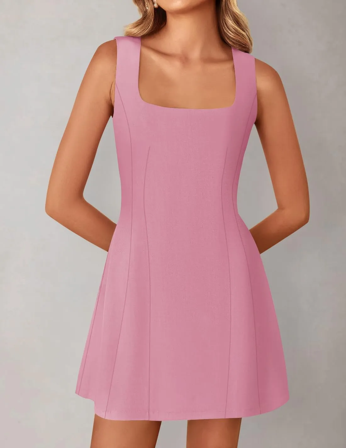 ZESICA Women's 2025 Summer Sleeveless Tank Mini Dresses Square Neck A Line Flare Party Short Dress