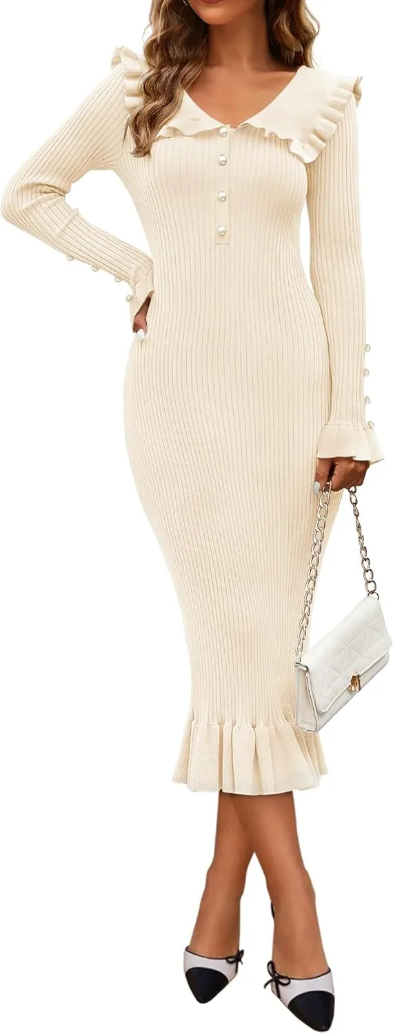 ZESICA Women's Long Sleeve Sweater Dress 2025 Spring Lapel Collar Button Elegant Casual Midi Bodycon Dresses