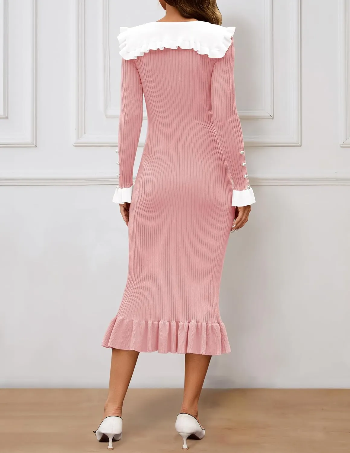 ZESICA Women's Long Sleeve Sweater Dress 2025 Spring Lapel Collar Button Elegant Casual Midi Bodycon Dresses