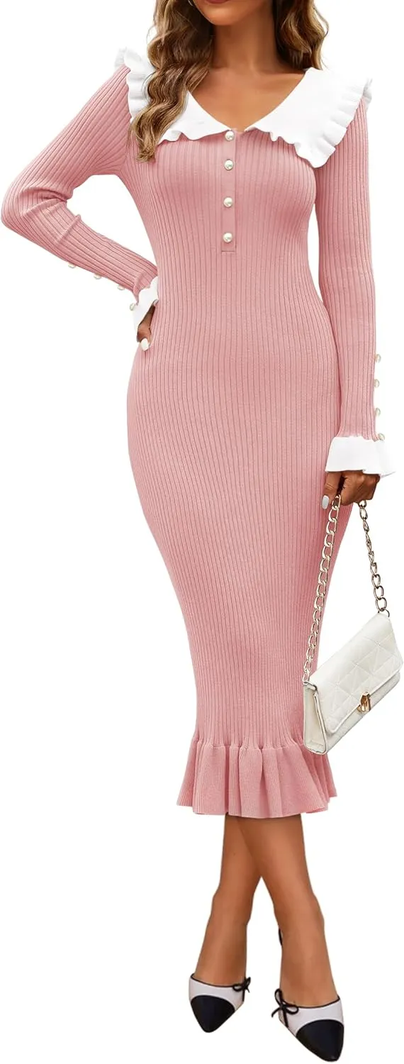ZESICA Women's Long Sleeve Sweater Dress 2025 Spring Lapel Collar Button Elegant Casual Midi Bodycon Dresses