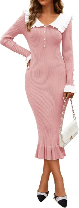 ZESICA Women's Long Sleeve Sweater Dress 2025 Spring Lapel Collar Button Elegant Casual Midi Bodycon Dresses